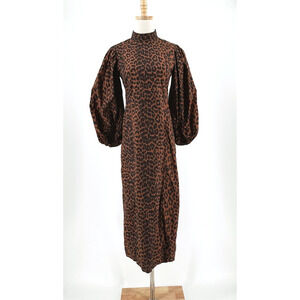 Ganni Women Midi Leopard Print Dress 34/XS Balloon Sleeve Poplin Party Event
